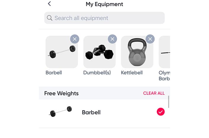 Sweat App Equipment Selection